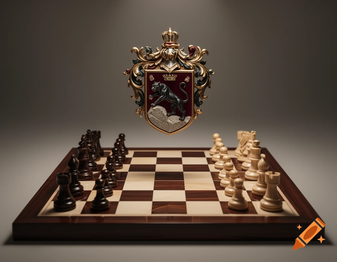 A hyper-realistic digital artwork of a detailed heraldic shield with a black panther emblem floating above a chessboard with black and white pieces.