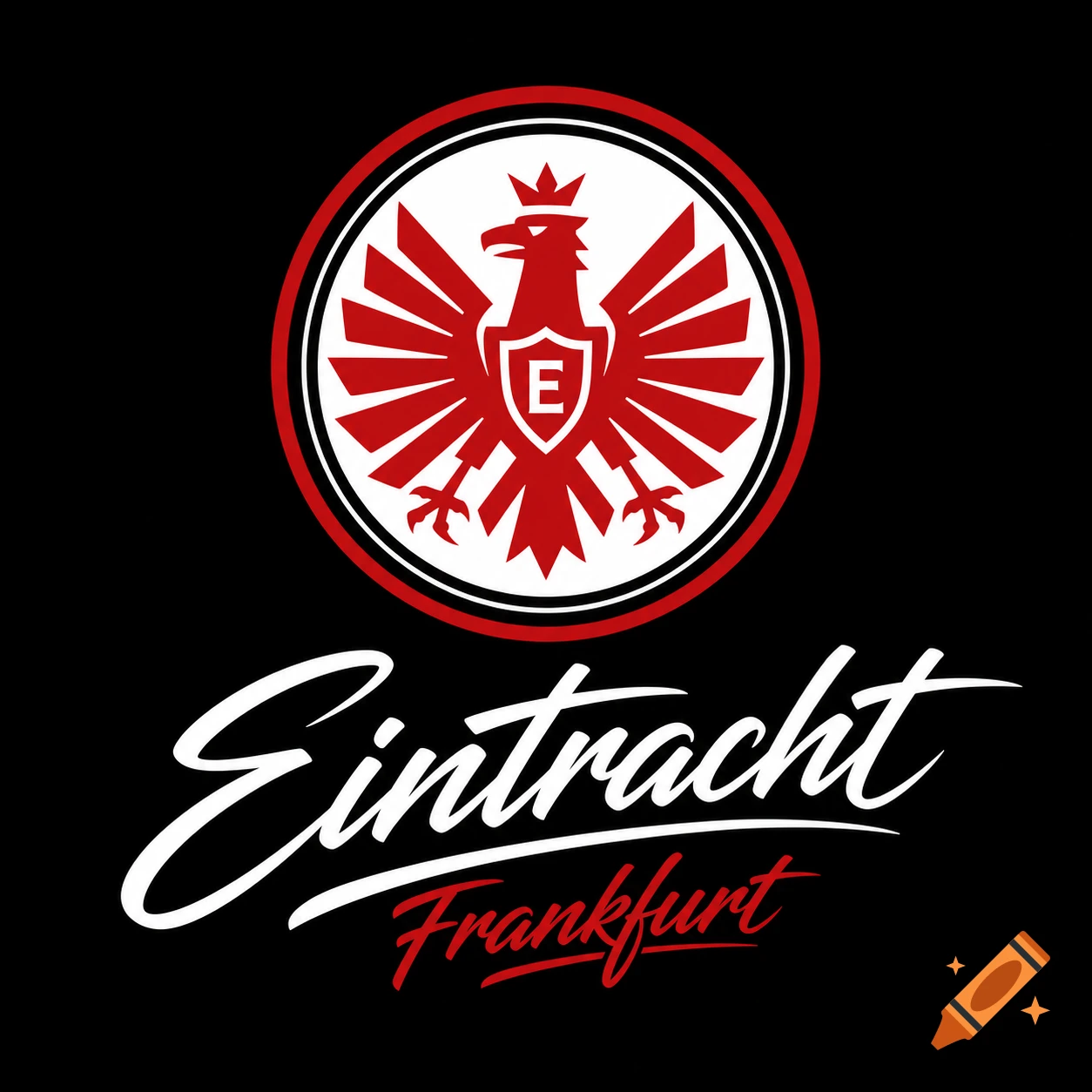 Eintracht Frankfurt football club logo featuring a red crowned eagle with an 'E' on its chest, above the club name in white and red script on a black background.