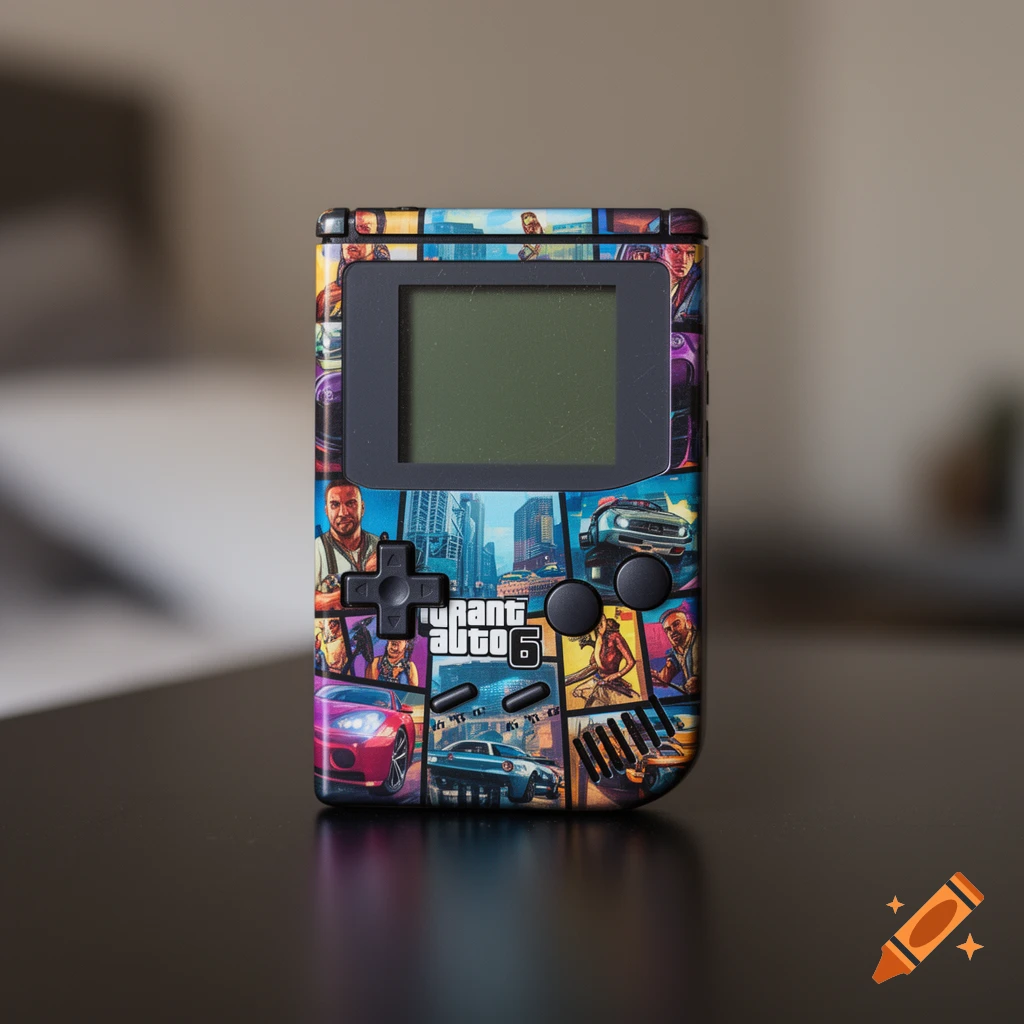 A customized Game Boy console featuring a Grand Theft Auto 6 themed skin with characters, vehicles, and the game title.