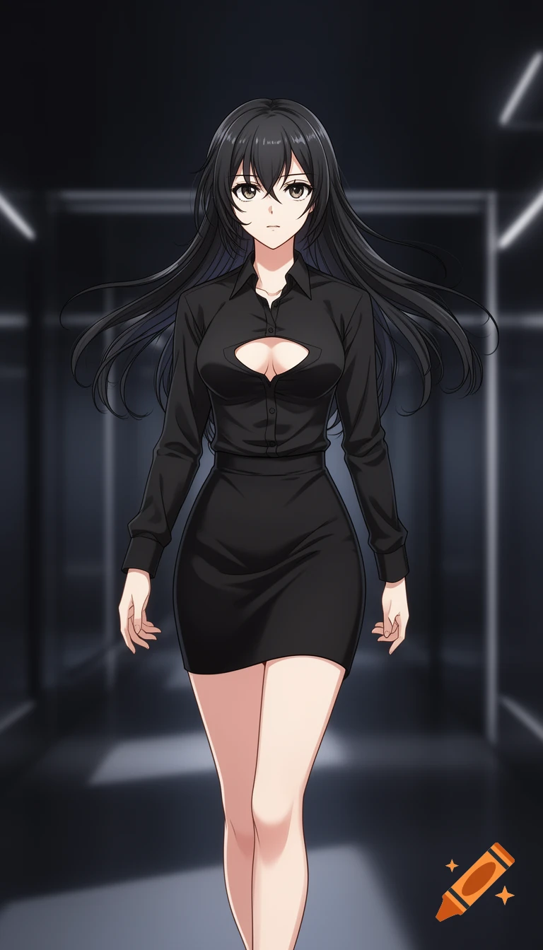 An anime woman with long black hair, wearing a black shirt with a boob window and a black mini skirt, walks forward in a dark setting.