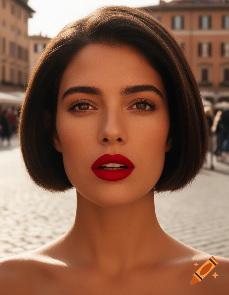 Close-up portrait of a woman with short dark hair and bright red lipstick, looking at the camera with a blurred city street background.