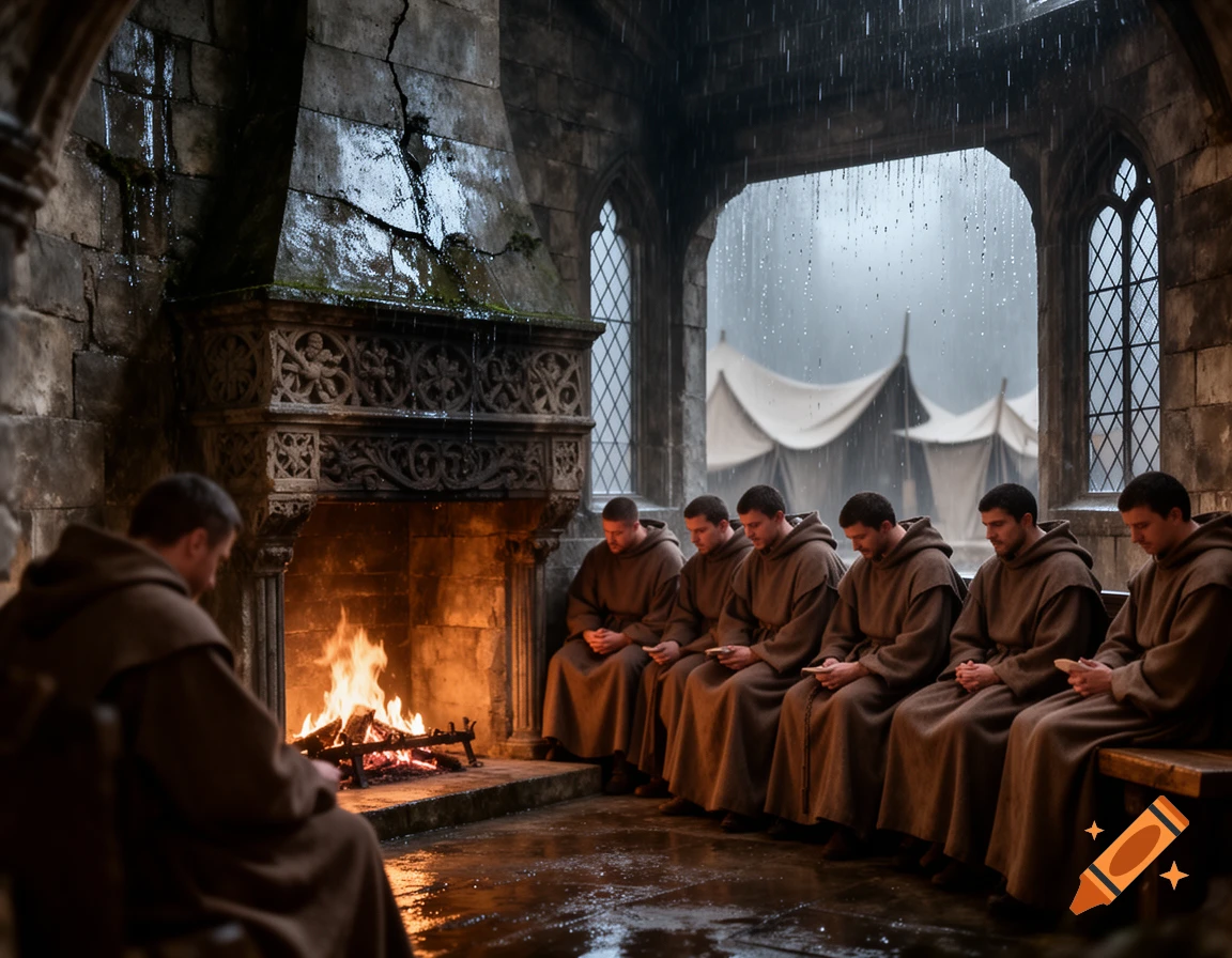 Monks in brown robes gather by a warm fireplace in a dark, rain-soaked medieval stone chamber, with tents visible outside.