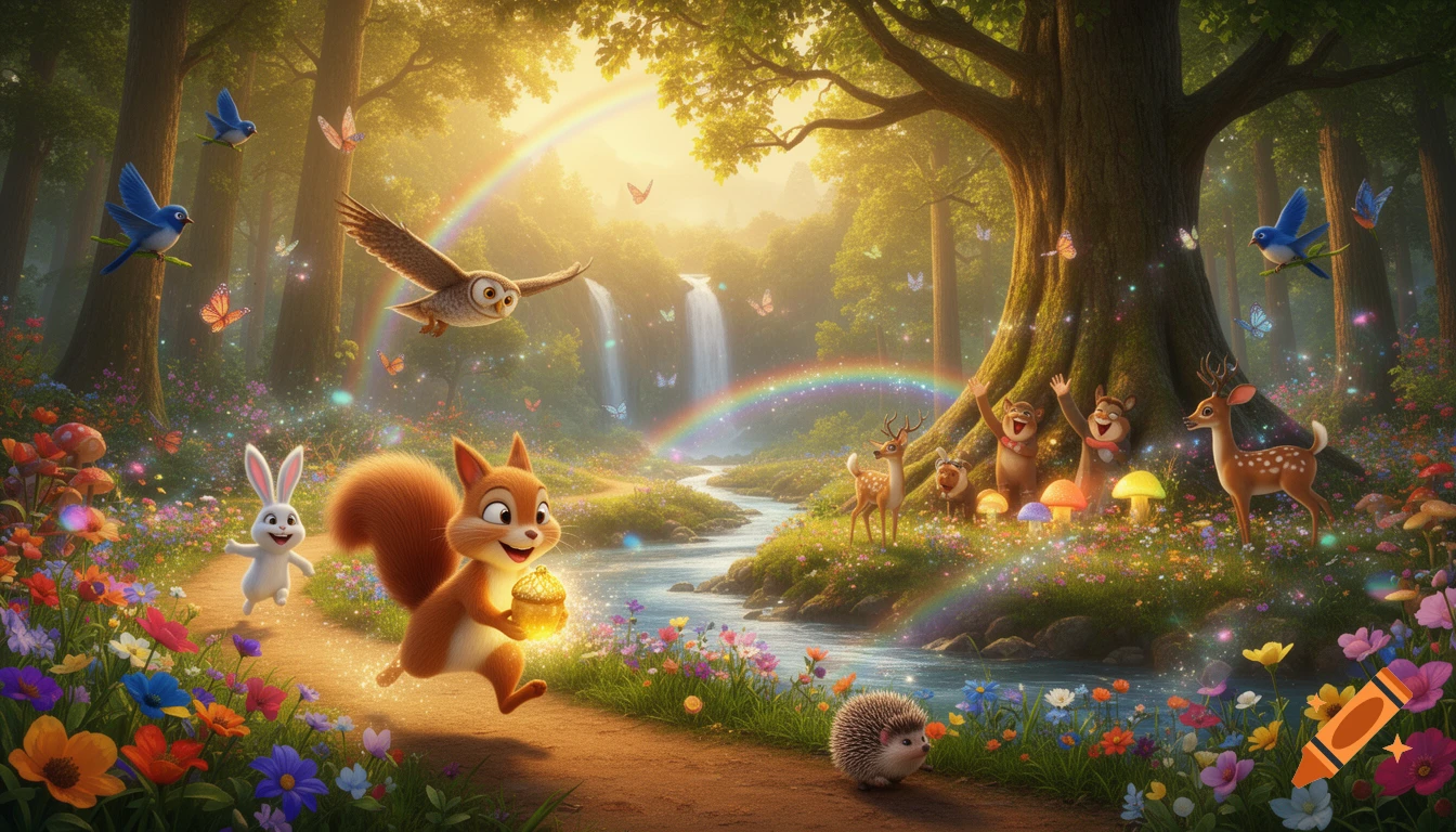 A joyful 3D animated cartoon of woodland animals in a magical enchanted forest with rainbows, waterfalls, and glowing flora.