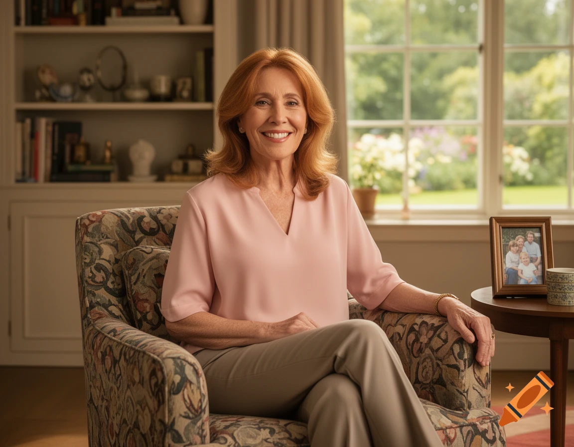 A smiling older woman with reddish-brown hair sits comfortably in a patterned armchair in a bright living room with a window view.
