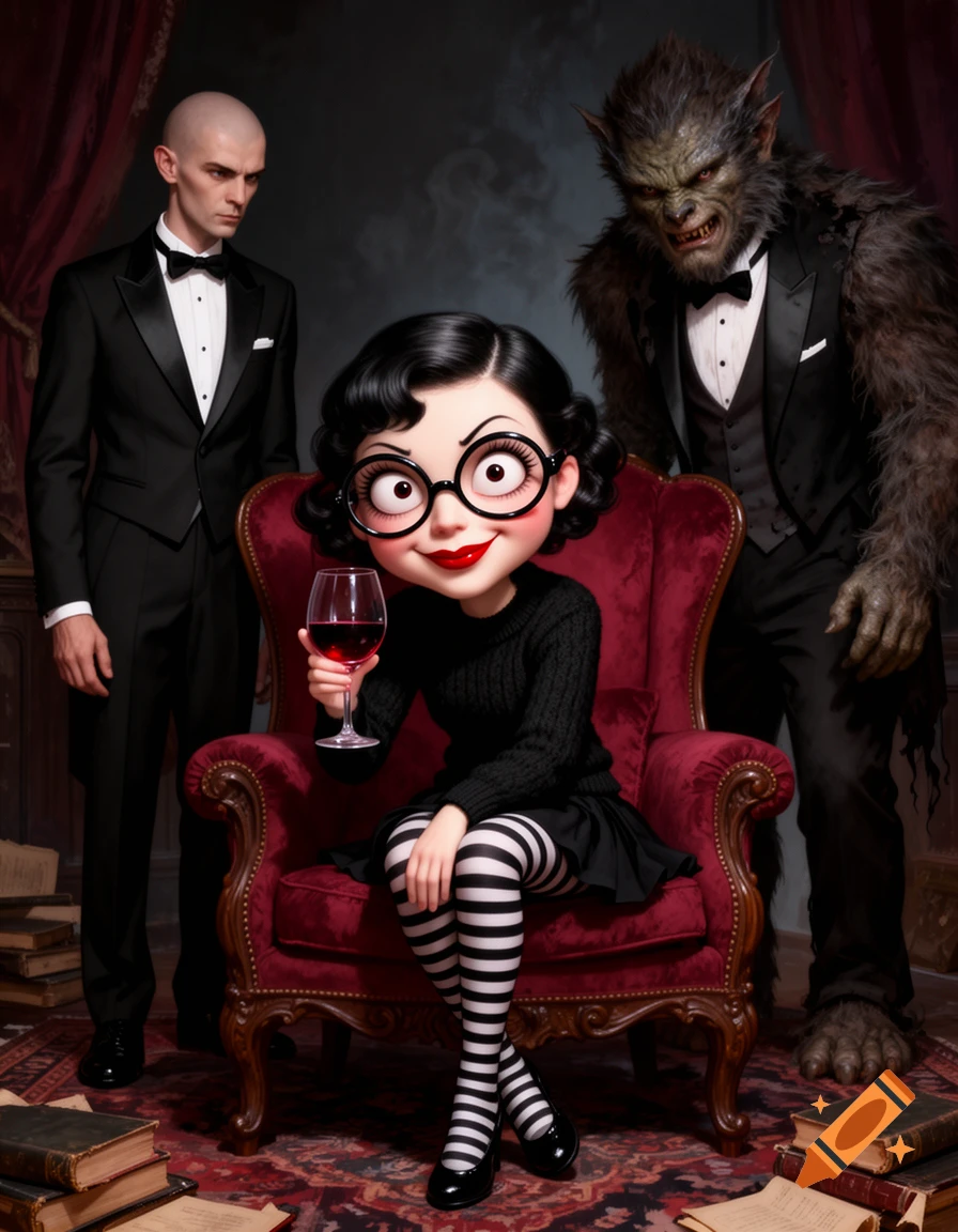 A stylized, doll-like girl with big glasses sips wine in a red armchair, flanked by a bald man and a werewolf in tuxedos.