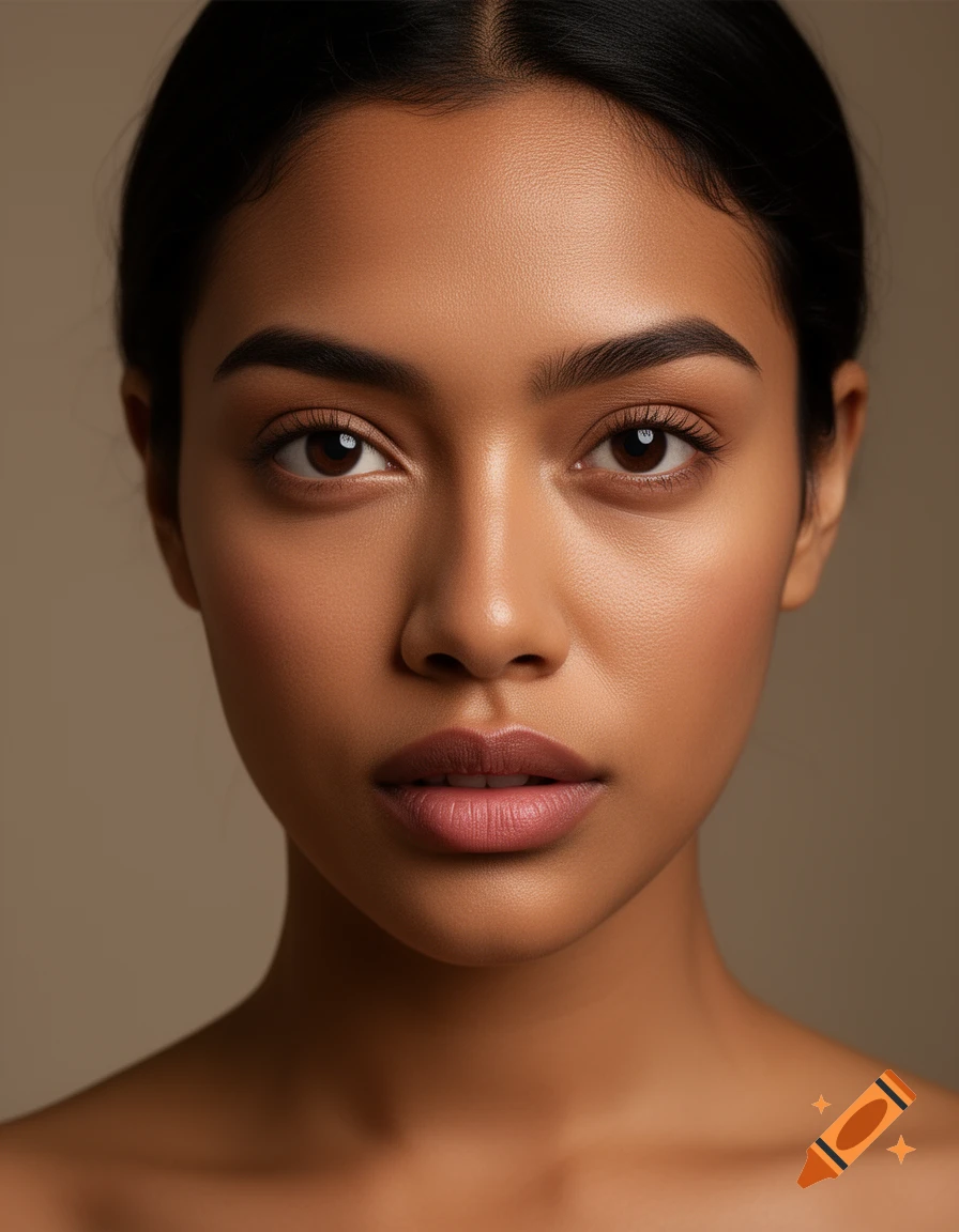 A close-up, hyperrealistic studio portrait of a woman with dark hair and brown eyes, looking directly at the viewer.
