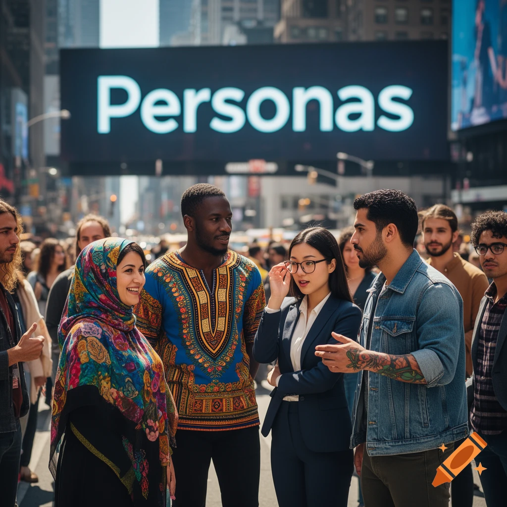 Diverse group of people interacting on a busy city street with a large billboard displaying 'Personas', photorealistic style.