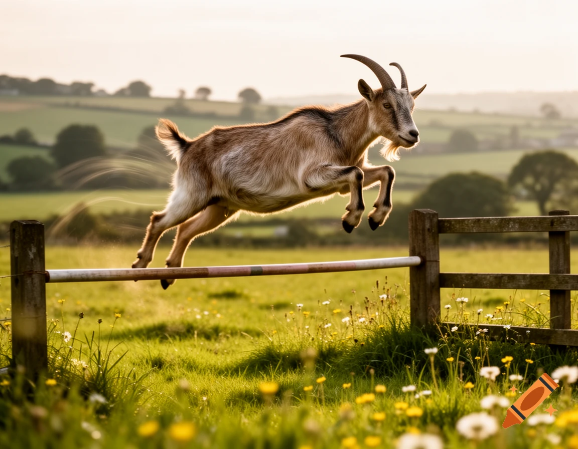 A brown and white goat with horns jumps over a fence bar in a sunny green field with wildflowers at sunset.