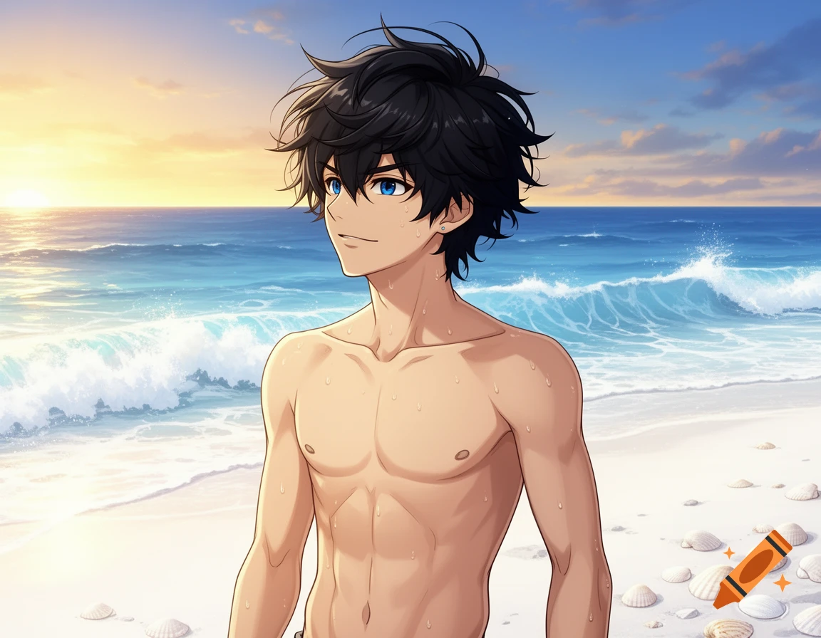 An anime boy with black hair and blue eyes stands shirtless on a sandy beach with seashells, looking left as the sun sets over the ocean waves.