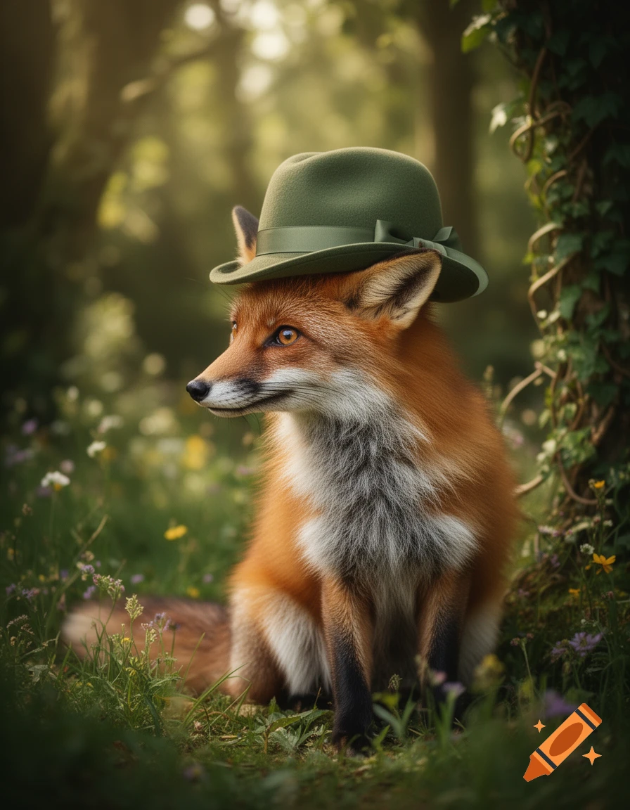 Photorealistic red fox wearing a green fedora hat in a sunlit forest.