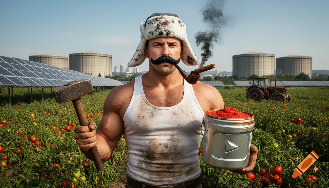 A muscular man with a mustache and ushanka hat holds a sledgehammer and a YouTube Play Button bucket filled with ajvar in a tomato field with solar panels.
