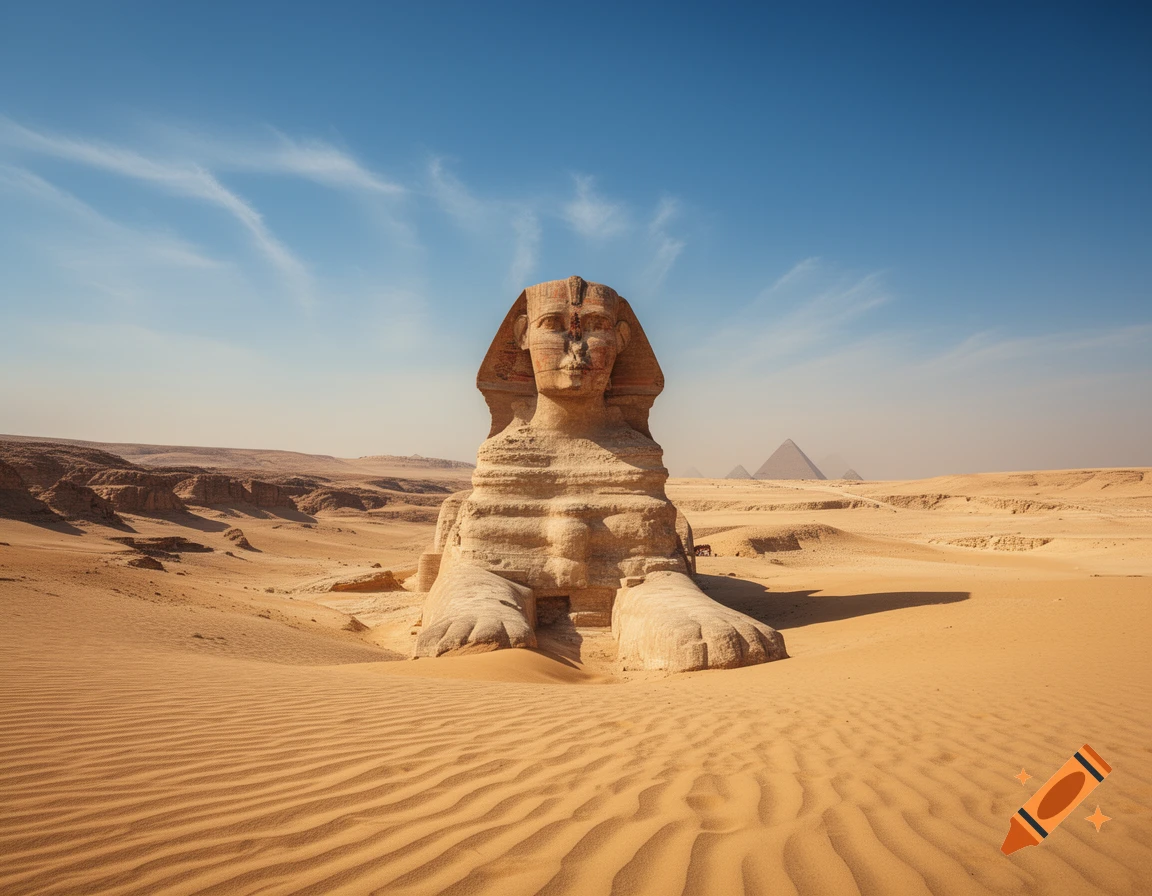 Photorealistic image of the Great Sphinx of Giza in a sandy desert under a clear blue sky, with pyramids in the distance.