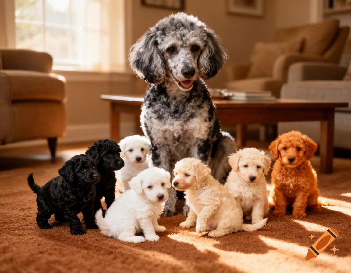 A silver merle poodle mother sits on a brown rug with her seven puppies, including black, white, cream, and apricot pups, in a sunlit living room.