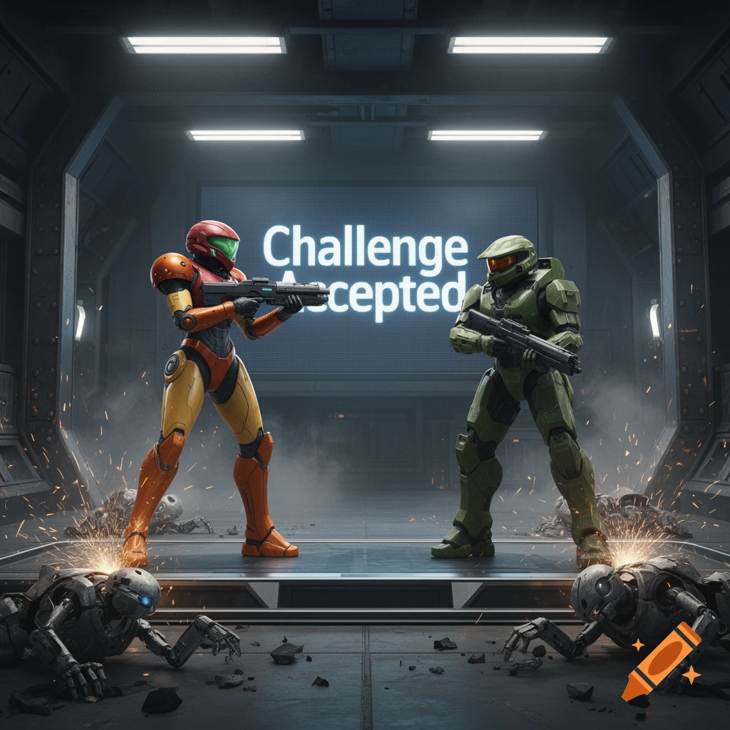 Samus and Master Chief face off with weapons in a futuristic arena with "Challenge accepted" on a screen and broken robots on the floor.