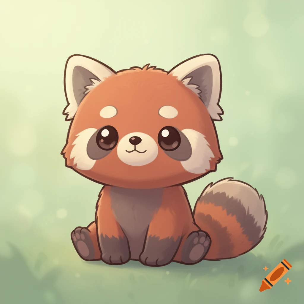 A cute chibi red panda sits with big eyes and a striped tail on a soft green background.