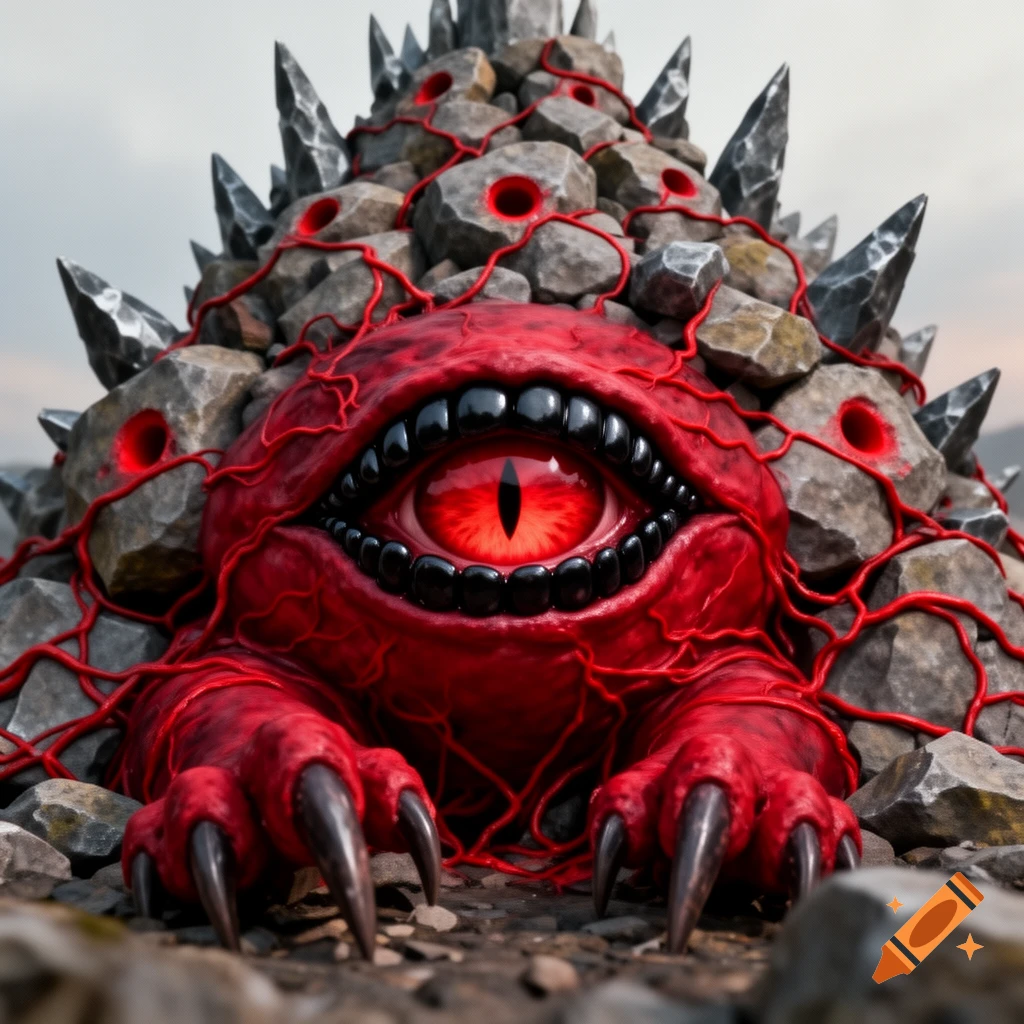 A grotesque red monster with a single cat-like eye, black teeth, and claws, emerging from a spiky rock pile covered in red veins.