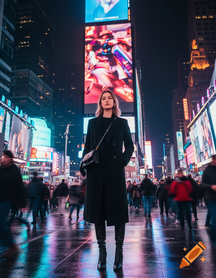 A woman in a black coat and boots stands in the middle of Times Square at night, surrounded by blurred crowds and vibrant neon lights, with large billboards behind her.