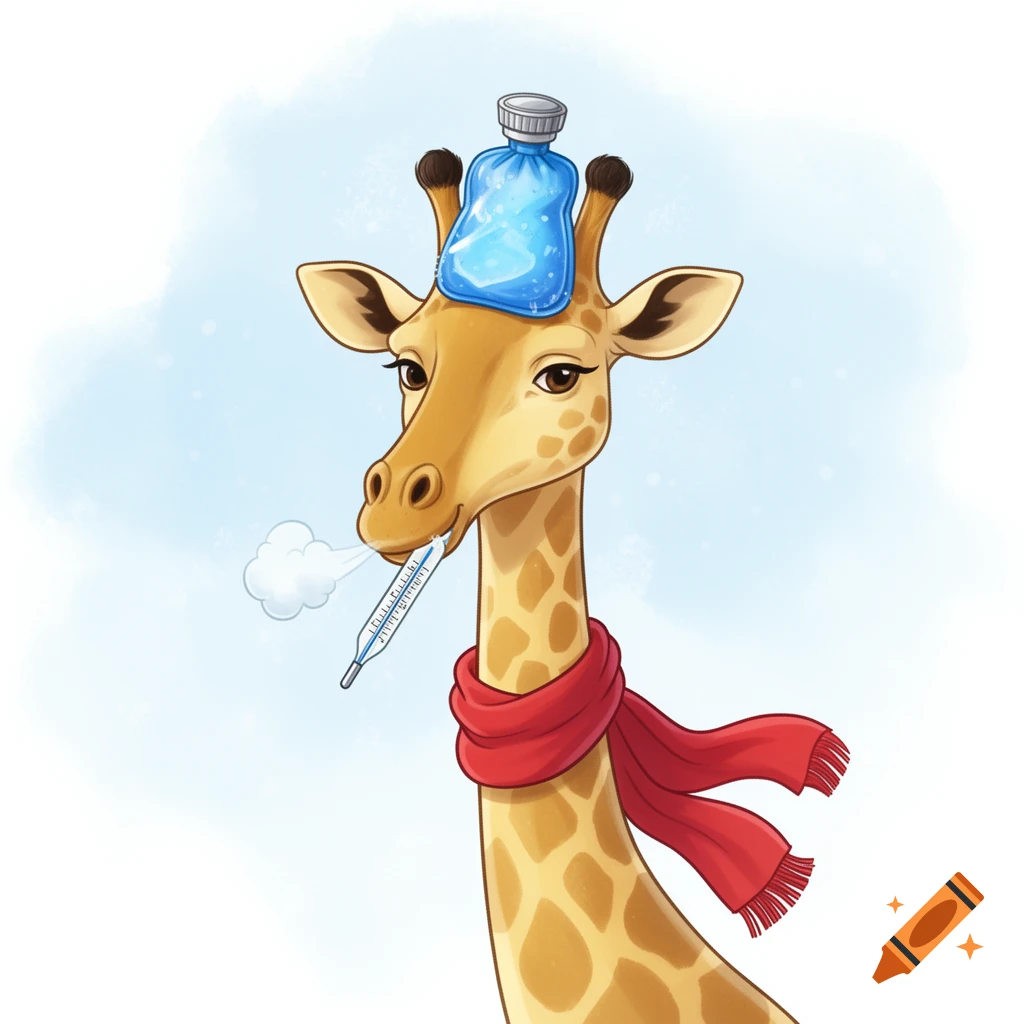 Cartoon giraffe wearing a blue ice bag on its head, a red scarf, and a thermometer in its mouth.