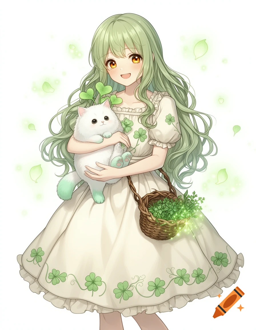 An anime girl with green hair and amber eyes smiles, holding a white cat with green paws and heart-shaped leaves.