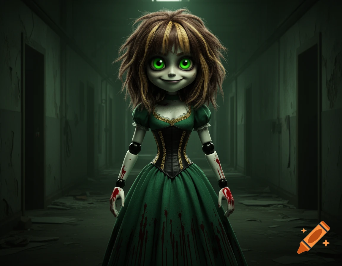 A stylized horror doll with glowing green eyes, messy brown and blonde hair, a green dress, and bloodied hands, stands in a dark abandoned corridor.