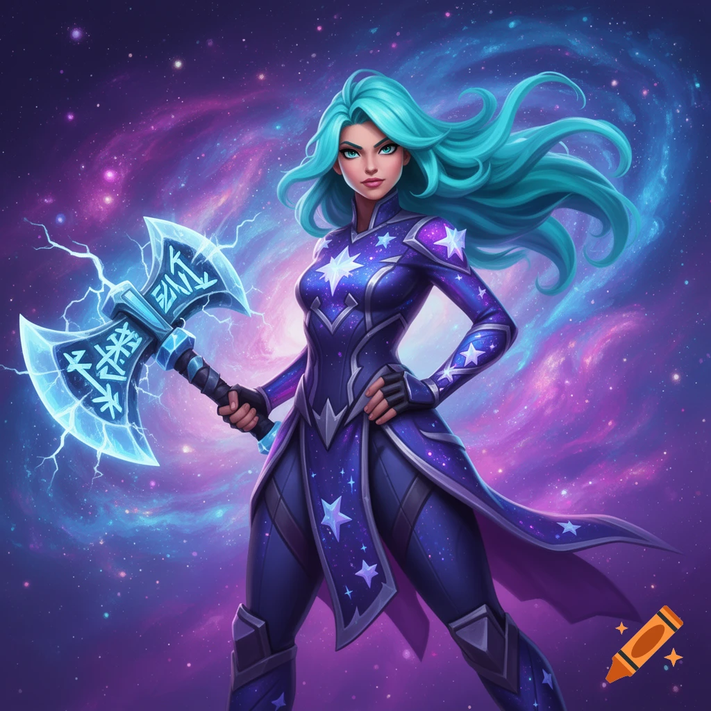 A female warrior with teal hair and a star-patterned purple suit holds a glowing blue axe against a vibrant galaxy background.