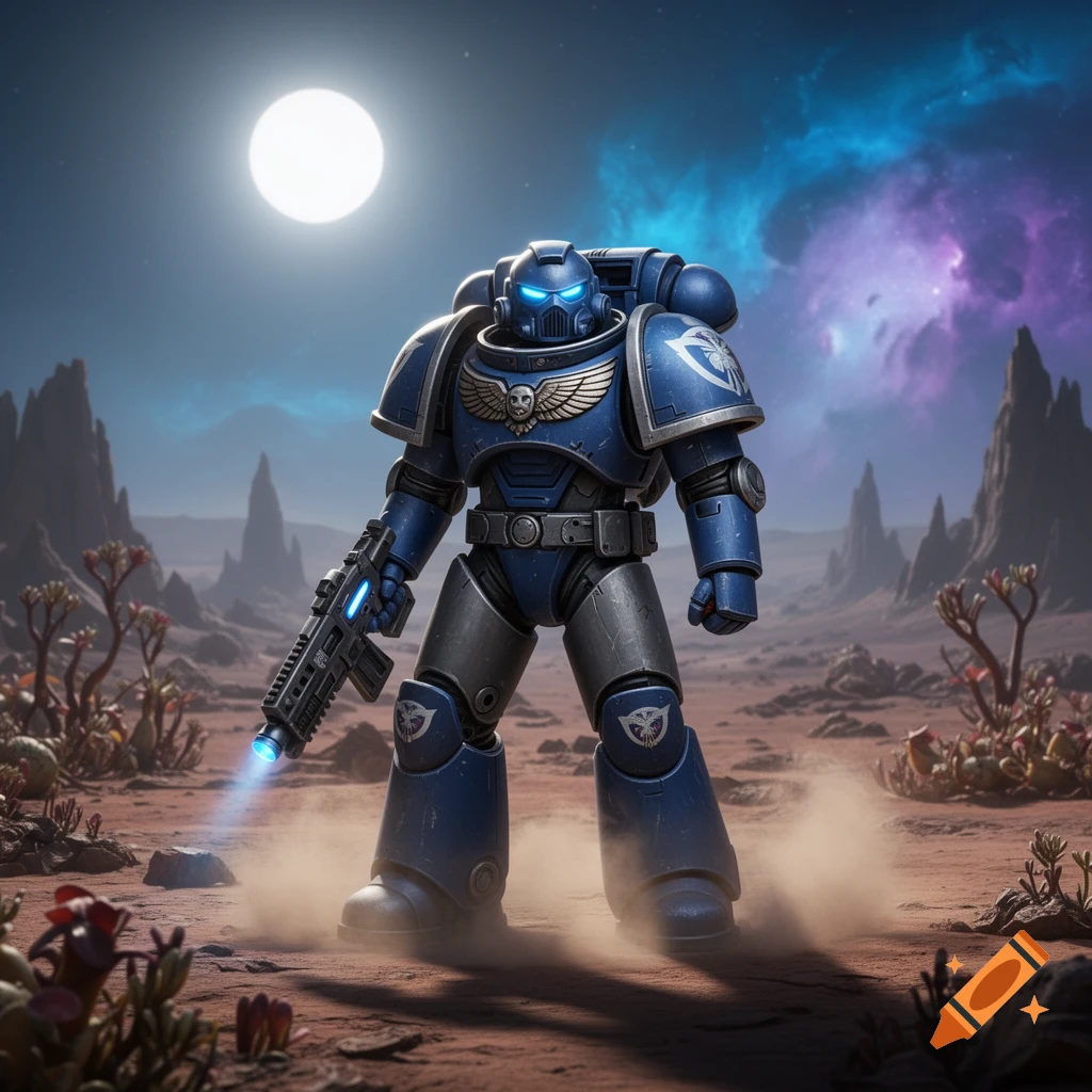 Blue armored space marine holding a weapon on a dusty alien planet under a full moon and cosmic sky.