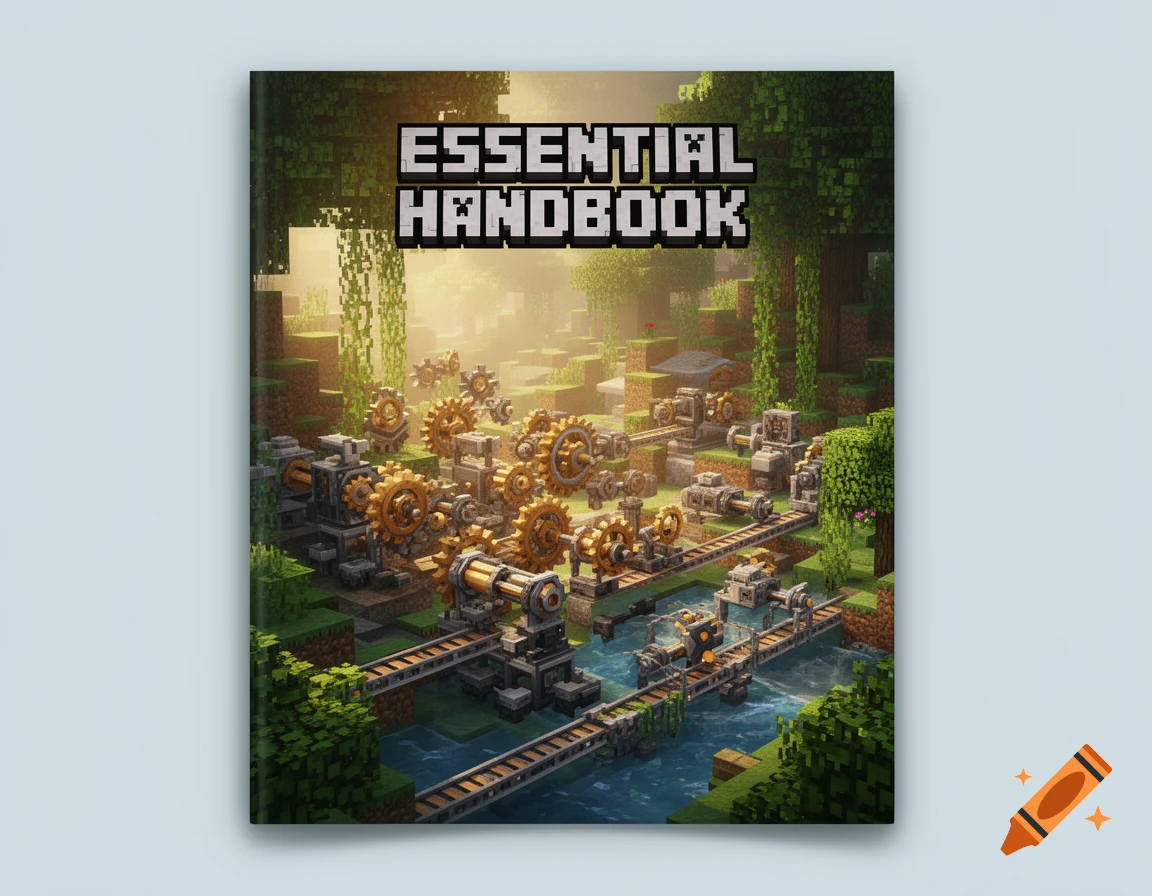 A Minecraft-style book cover titled 'Essential Handbook' depicting intricate blocky machinery, gears, and conveyor belts in a lush, forested landscape with a river.