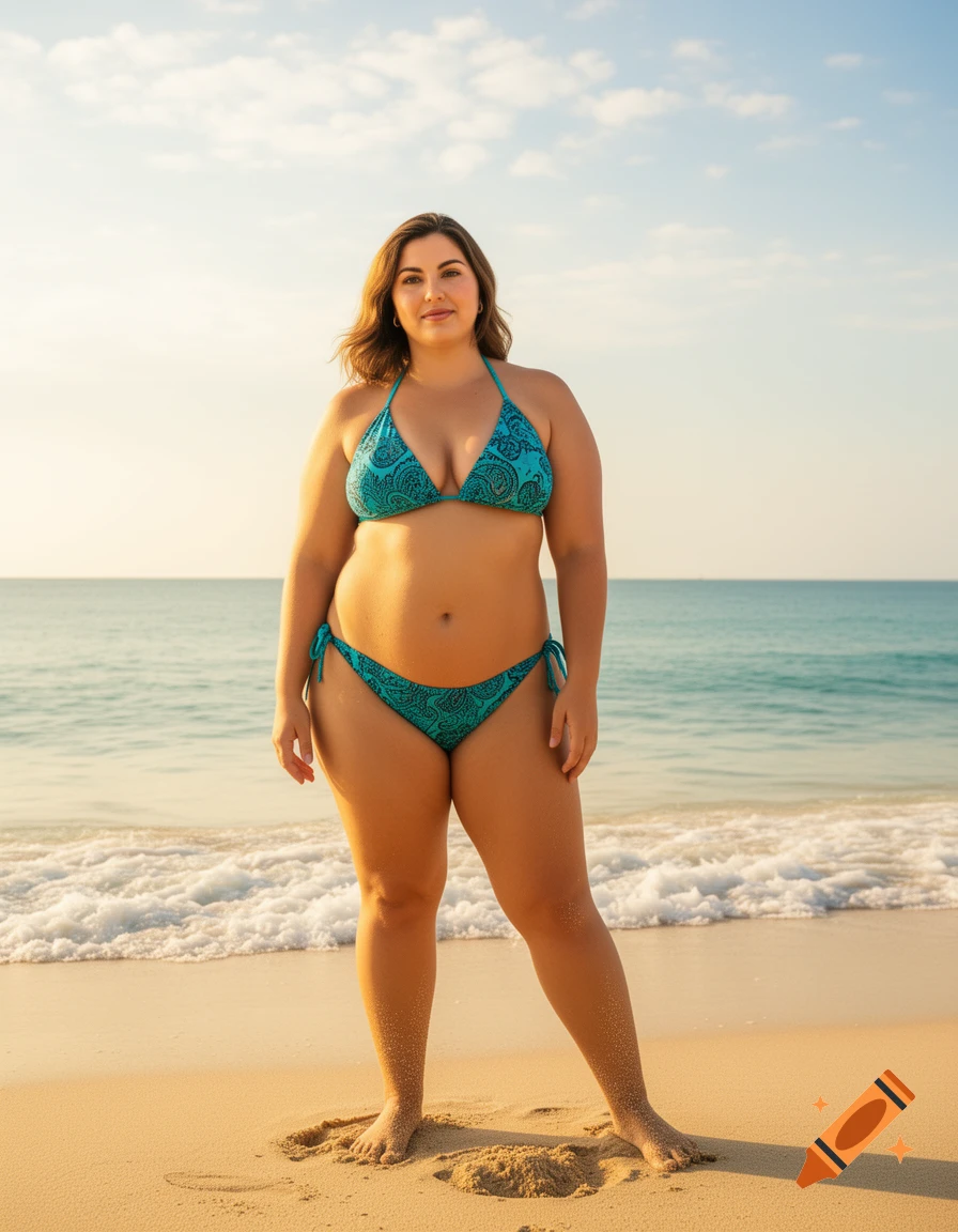 Photorealistic image of a woman in a blue bikini standing on a sunny beach by the ocean.