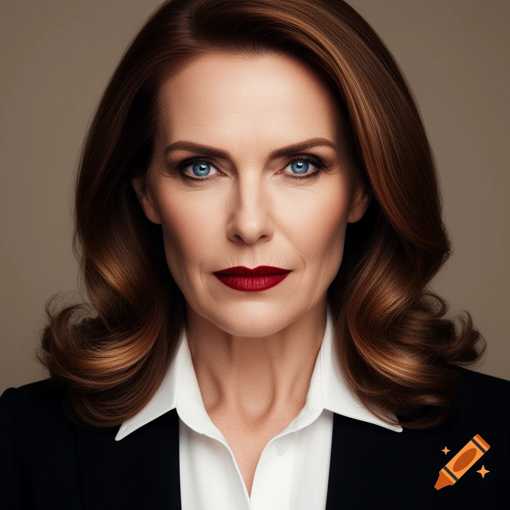Photorealistic portrait of a strict-looking middle-aged woman with blue eyes, red lipstick, brown hair, wearing a white shirt and black blazer.