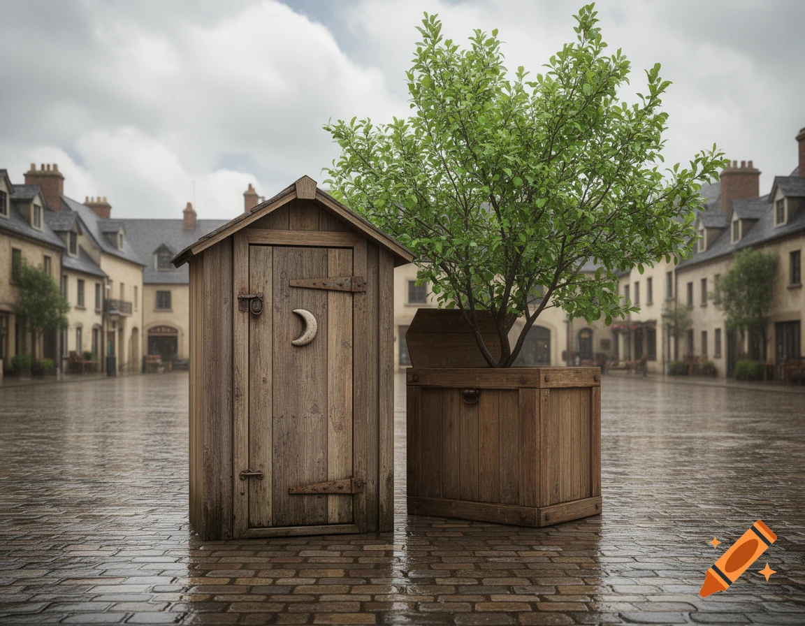 A rustic wooden outhouse stands next to a wooden planter with a green tree, on a wet cobblestone square with old buildings in the background.
