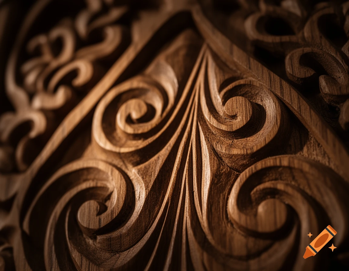 Close-up of intricate, dark wood carving with swirling patterns and deep shadows.