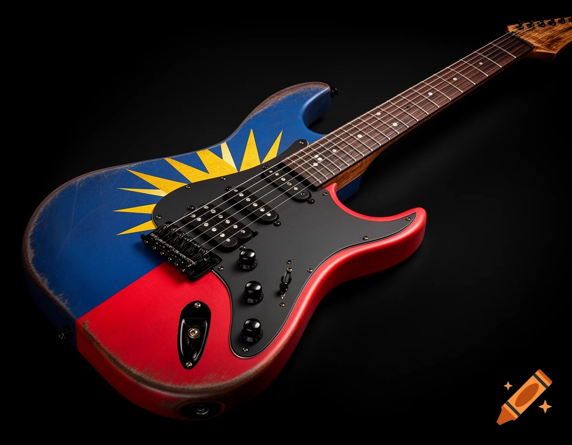 Electric guitar with a distressed blue, red, and yellow sunburst body against a black background.
