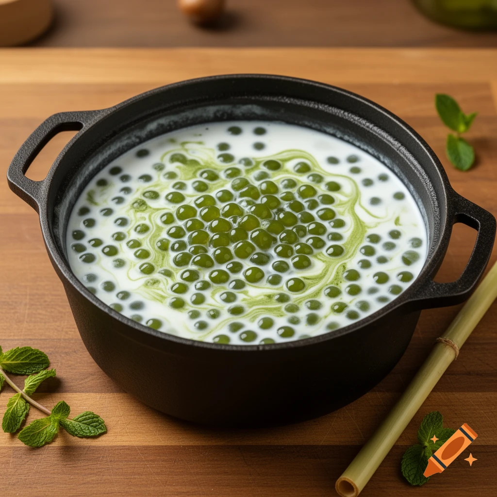 Green boba pearls in white liquid with a green swirl in a black cast iron pot on a wooden surface, with mint leaves and a bamboo stick.
