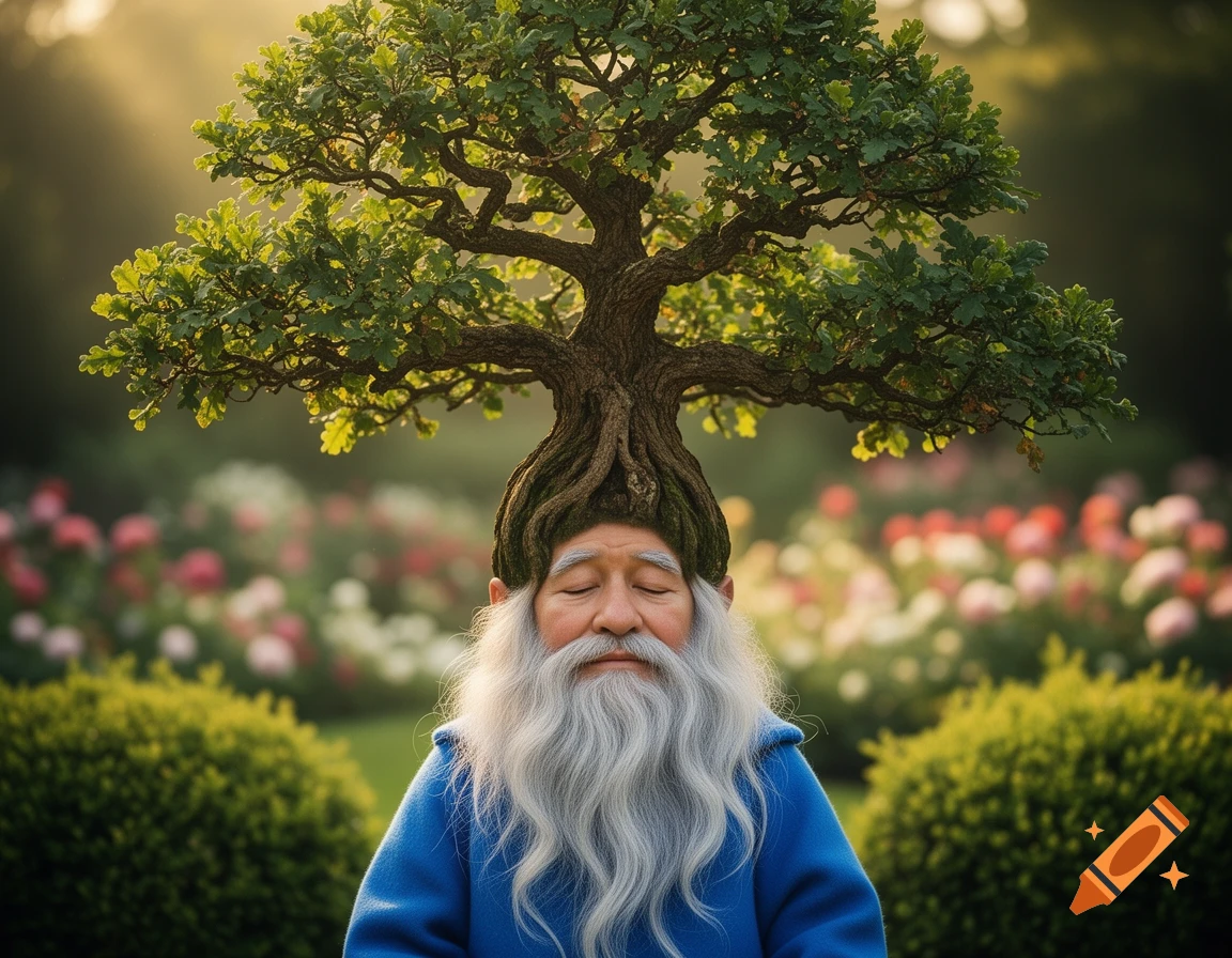 A serene gnome with a long white beard and closed eyes, wearing a blue tunic, has a large green tree growing from his head in a soft-focus garden.