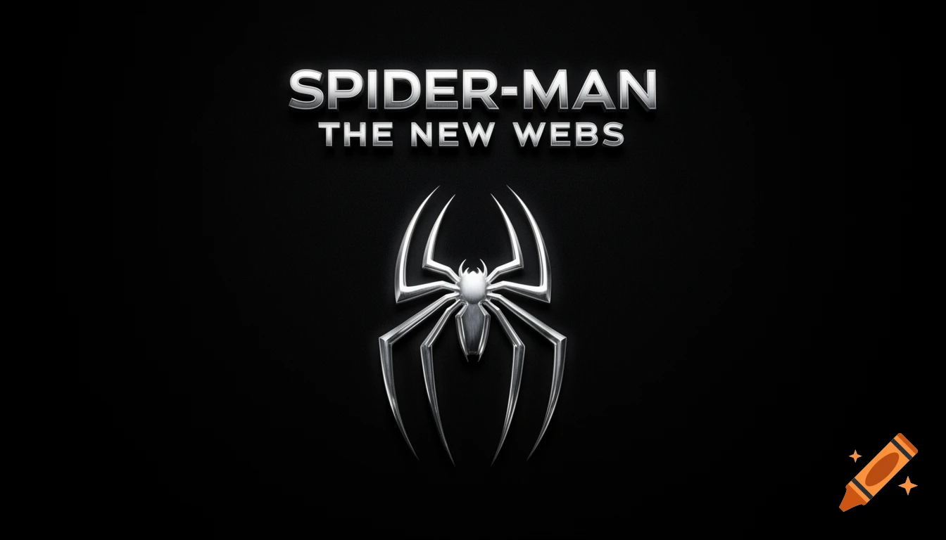 A metallic silver Spider-Man logo with a spider emblem and text "SPIDER-MAN THE NEW WEBS" on a pitch-black background.