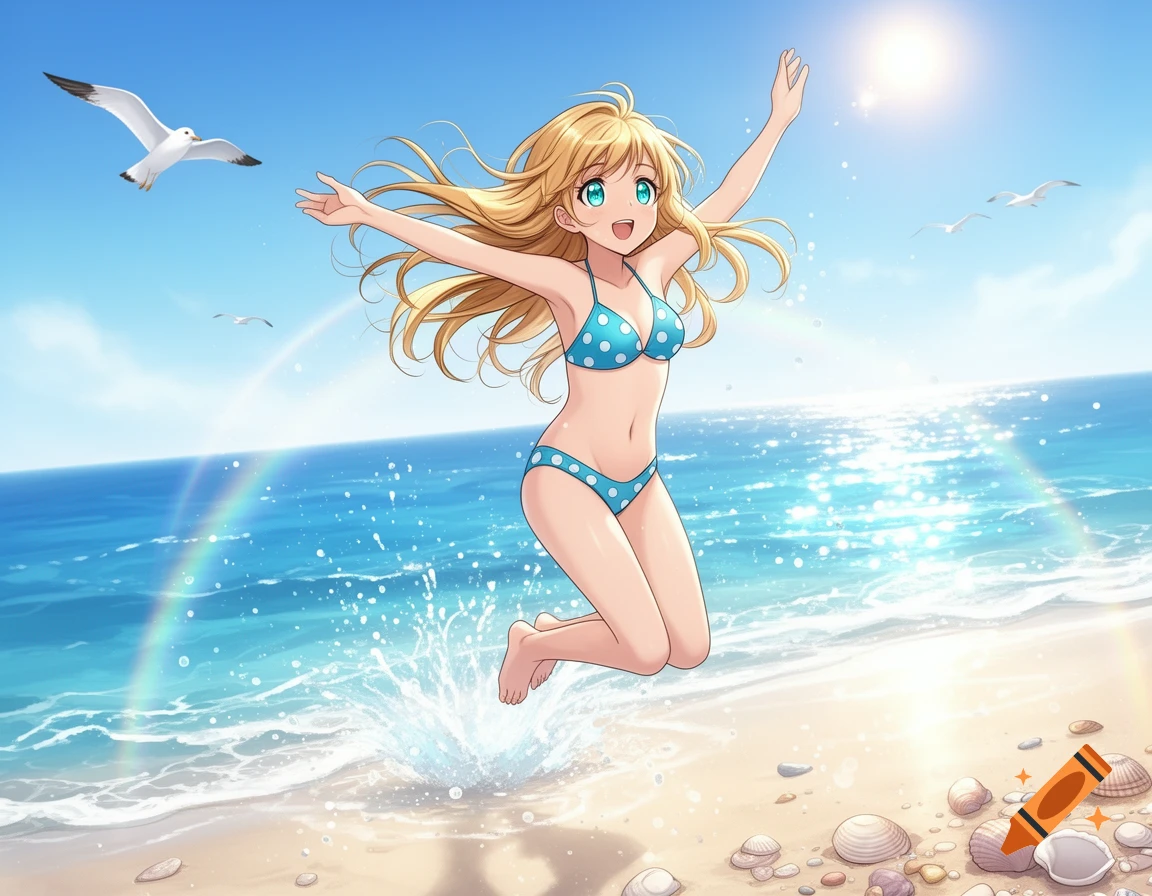 An anime girl with blonde hair in a blue polka-dot bikini jumps joyfully in the ocean at a sunny beach with seagulls and a rainbow.