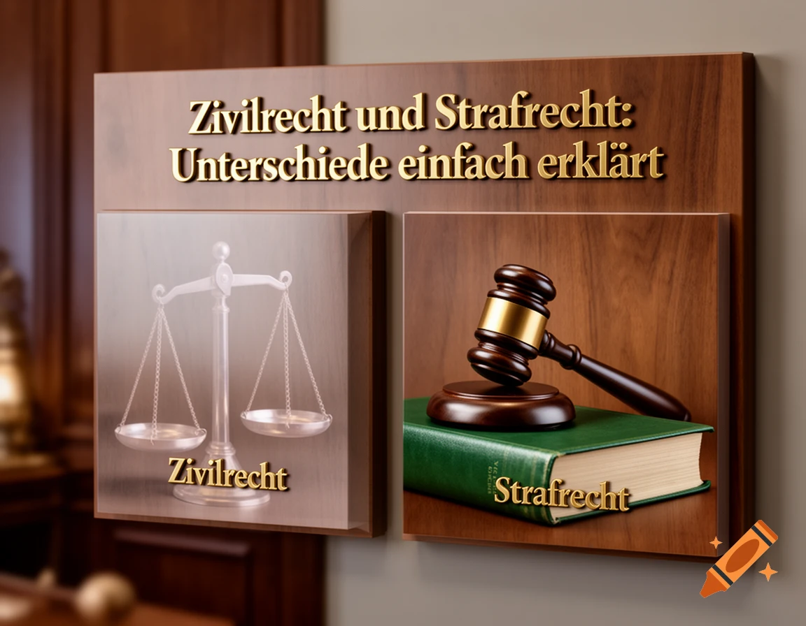Photorealistic wooden display board explaining Civil Law and Criminal Law with a scale of justice and a gavel on a book.