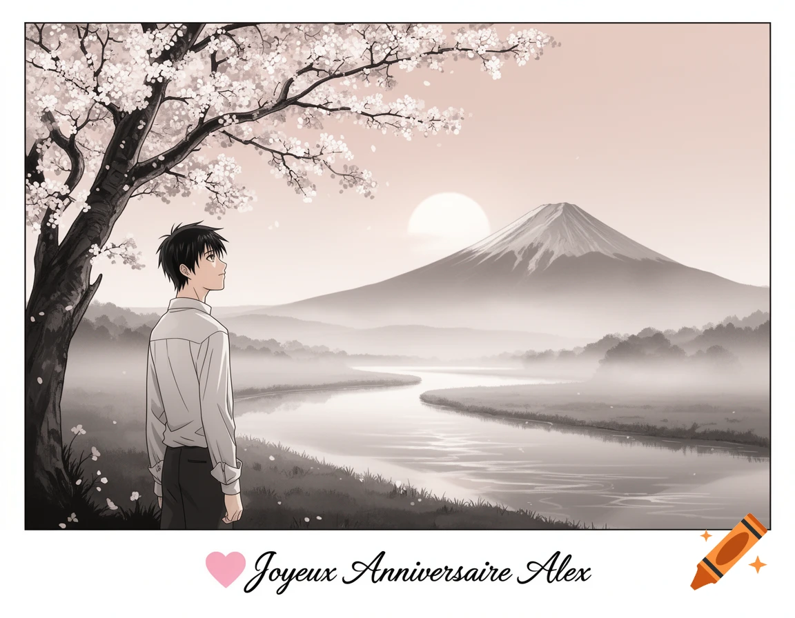 Anime-style illustration of a young man under a cherry blossom tree, looking at a river and Mount Fuji at sunrise, with 'Joyeux Anniversaire Alex' text.
