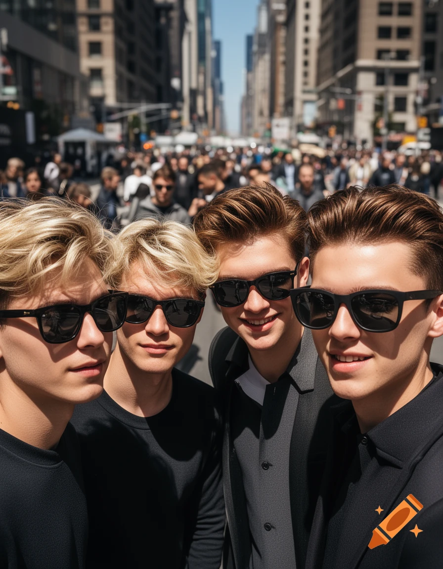 Four young men with short hair and sunglasses pose closely on a busy city street, with buildings and a crowd in the background.