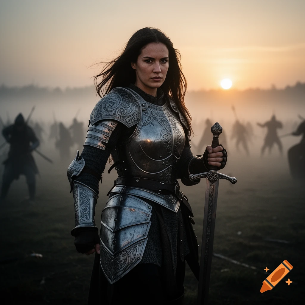 A female warrior in ornate armor stands on a misty battlefield, holding a sword, with silhouetted figures and a sunset in the background.