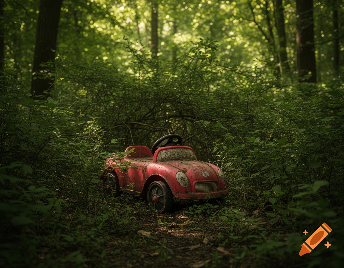A dirty red toy car, a Bobbycar, abandoned in a lush green forest, overgrown with foliage.