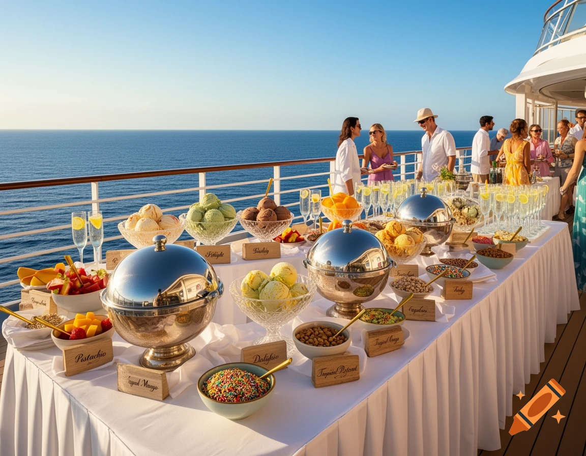 An ice cream buffet on the deck of a cruise ship with people serving themselves. Various ice cream flavors, toppings, and drinks are arranged on a long white table, with the ocean in the background.