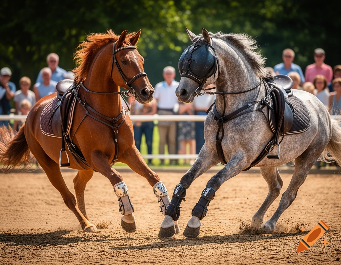 Two horses, one brown and one grey, gallop on a dirt arena, wearing saddles and protective leg gear, with blurred spectators.