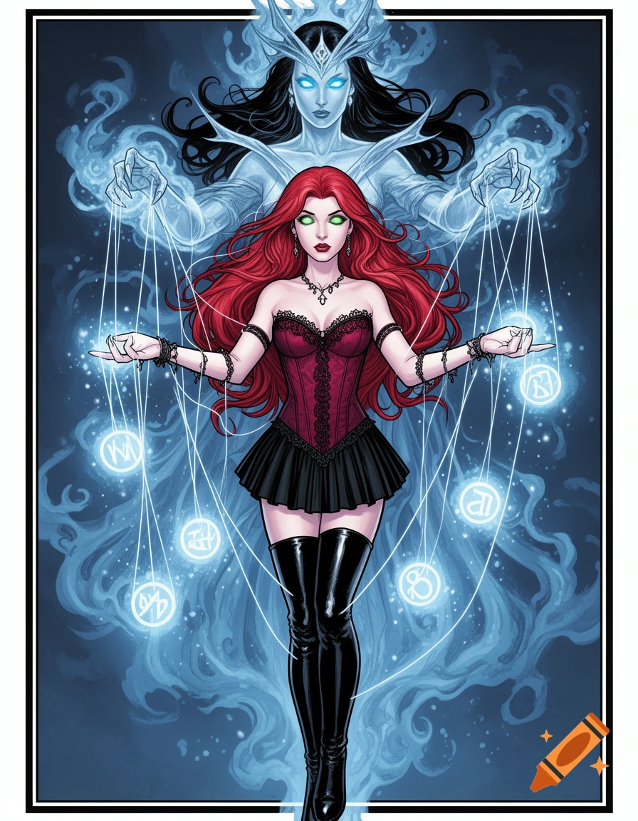 A red-haired woman in a red corset and black skirt with glowing green eyes is manipulated by magical strings from a translucent blue ghost queen behind her, set against a dark background in a comic art style.