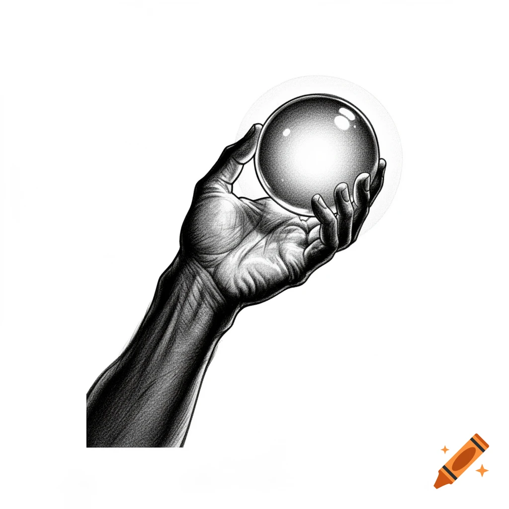 A black and white drawing of a hand holding a glowing spherical orb in an 80s gamebook style.