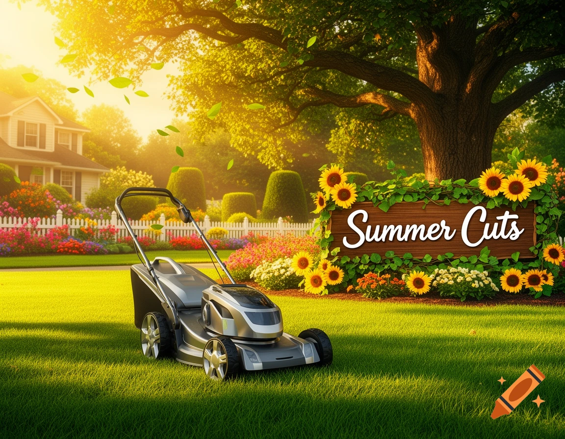 A photorealistic image of a lawnmower on a vibrant green lawn in a sunny garden with a sign reading "Summer Cuts" surrounded by sunflowers.