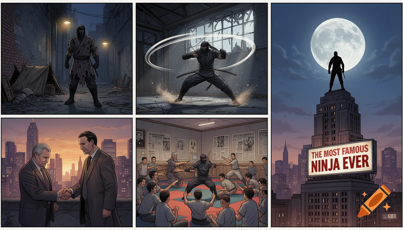 A six-panel comic strip depicting a ninja's journey from homeless to the 'Most Famous Ninja Ever' on a billboard.