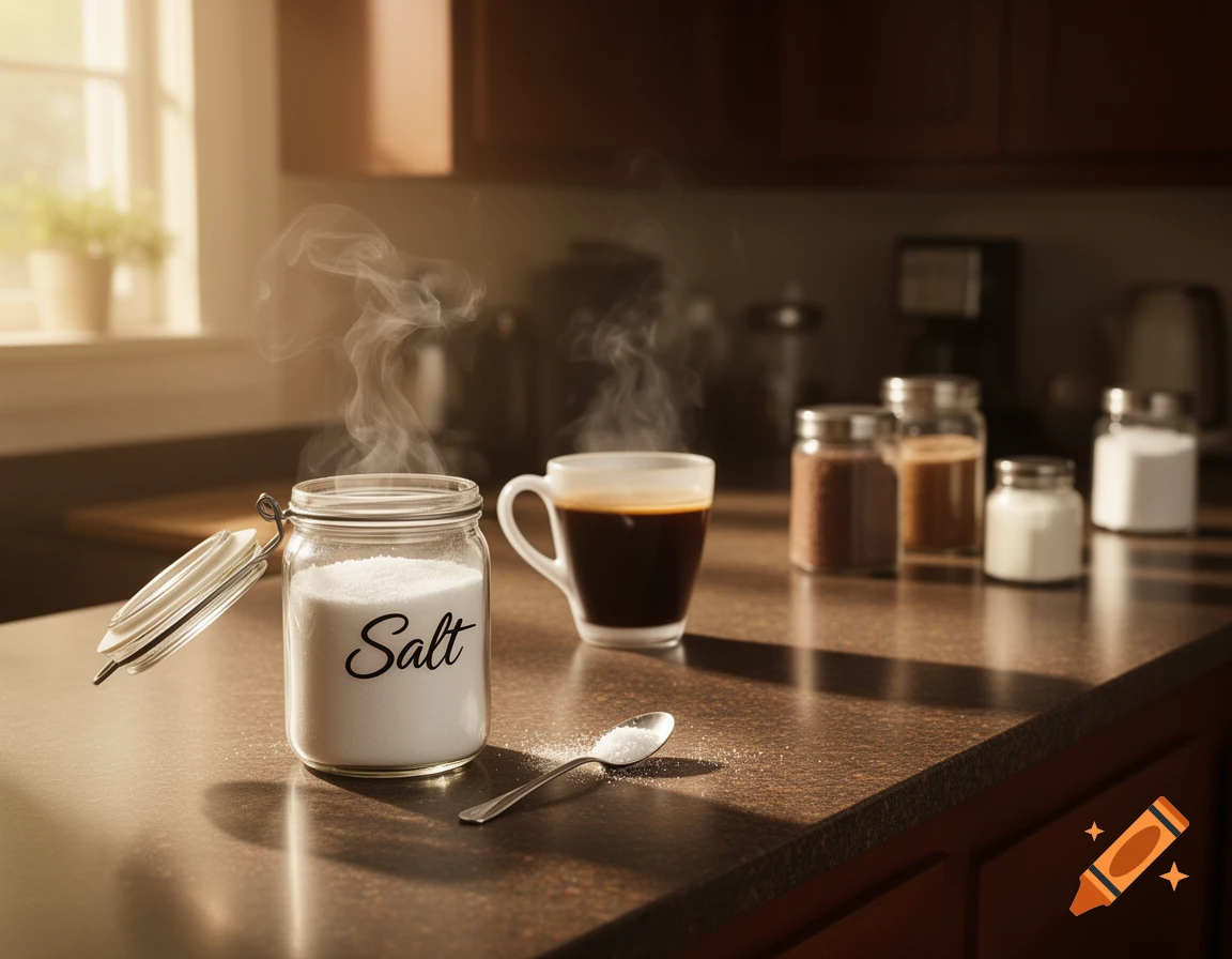 A steaming cup of coffee next to an open glass jar labeled 'Salt' with a spoon on a kitchen counter.