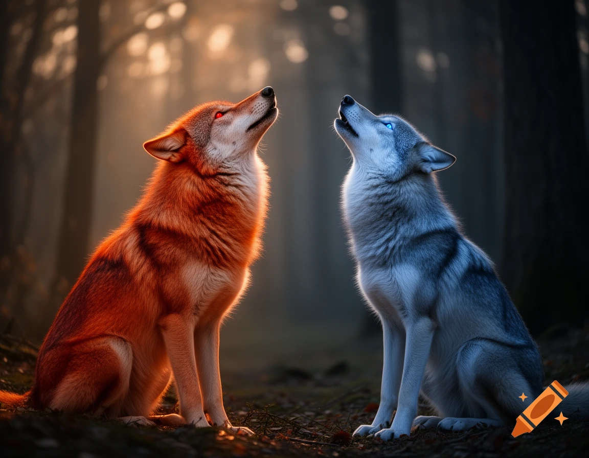 Two stylized wolves, one red-orange with glowing red eyes, the other blue-gray with glowing blue eyes, sit and howl in a dimly lit forest.