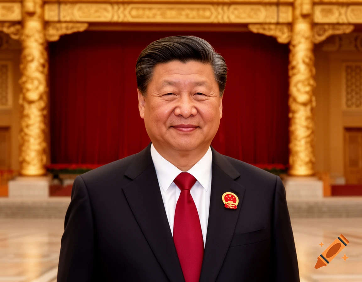 Photorealistic portrait of Xi Jinping in a black suit and red tie, standing in a grand hall with golden pillars and red curtains.